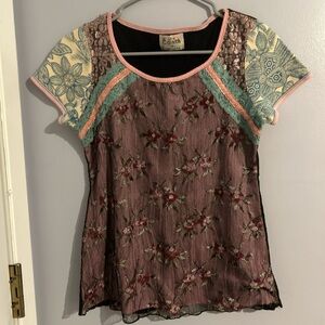 Brown and Green Graphic Embellished Short Sleeve Blouse